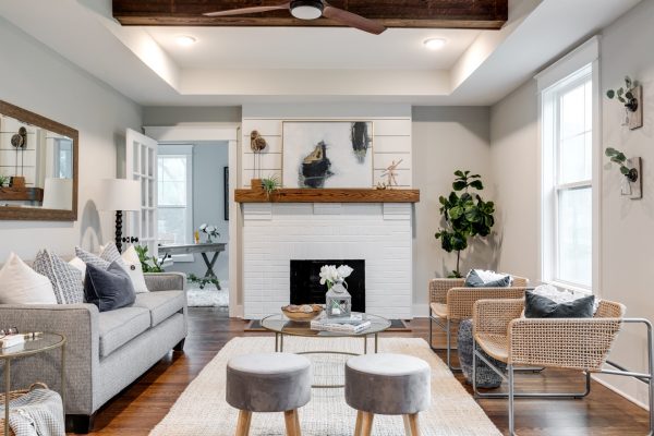 Brick fireplace in family room of beautiful home by Richmond Hill Design-Build