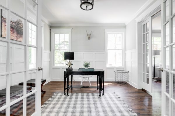 Home office in renovated home with open floor plan built by Richmond Hill Design-Build