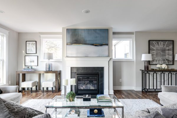 Family room with built-ins in renovated home by Richmond Hill Design-Build
