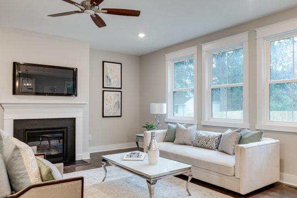 Family room with linear fireplace in home built by Richmond Hill Design-Build