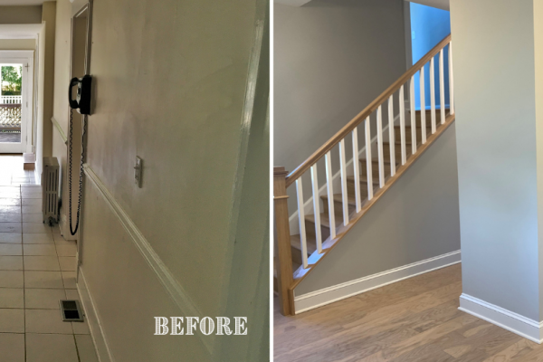 Before and after of foyer into kitchen of renovated home by Richmond Hill Design-Build