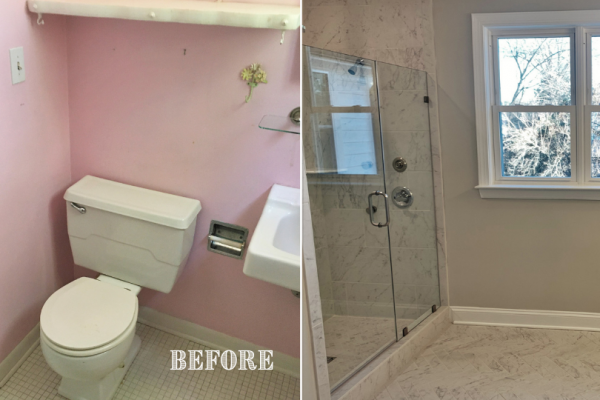 Before and after of primary bathroom of renovated home by Richmond Hill Design-Build