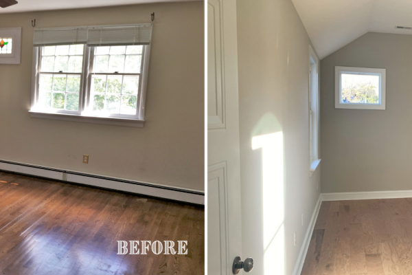 Before and after of primary bedroom of renovated home by Richmond Hill Design-Build