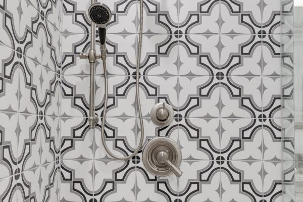 Gorgeous shower in owner's bathroom in new townhouse by Richmond Hill Design-Build