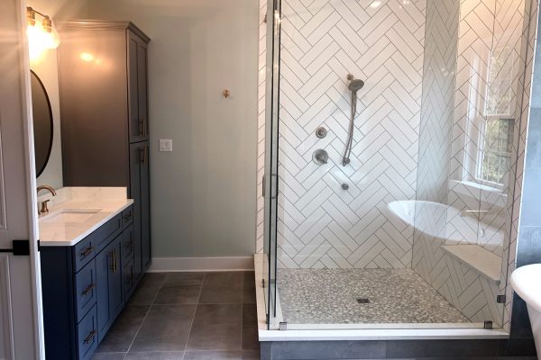 Shower in primary bathroom in new home built by Richmond Hill Design-Build