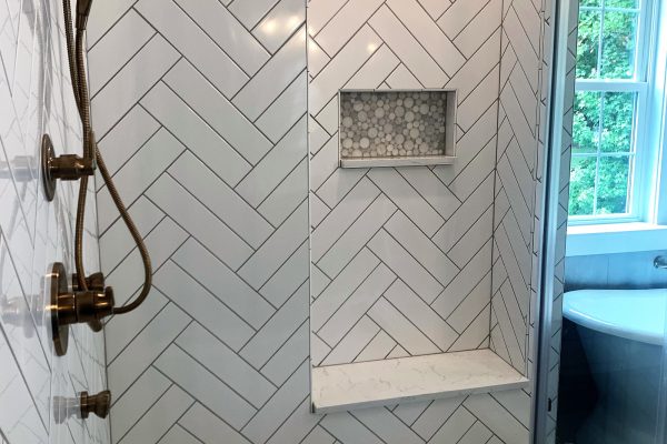 Shower in primary bathroom in new home built by Richmond Hill Design-Build