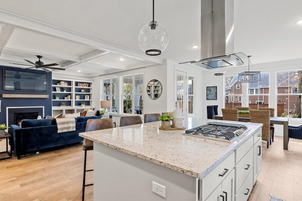 View of great room from kitchen in new home by Richmond Hill Design-Build