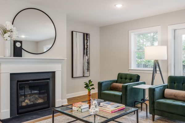 Fireplace in family room in renovated home by Richmond Hill Design-Build
