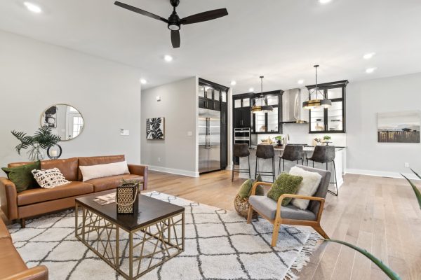 Family room and kitchen of new home by Richmond Hill Design-Build