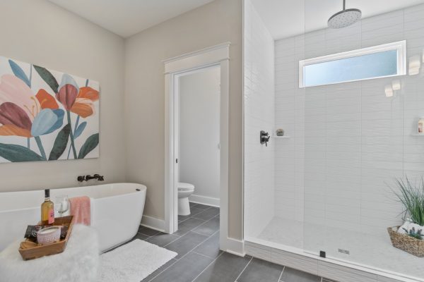 Second floor primary bathroom in new home by Richmond Hill Design-Build