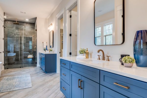 Primary bathroom on first floor of new home built by Richmond Hill Design-Build