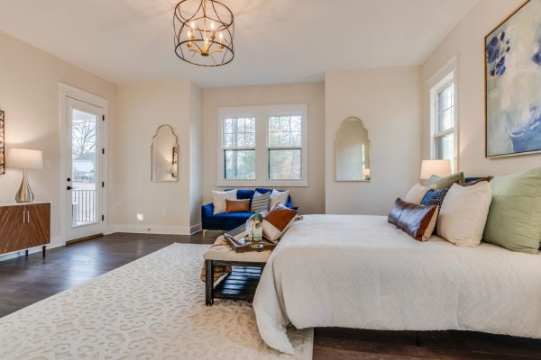 Primary bedroom on first floor of new home built by Richmond Hill Design-Build