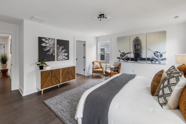 Primary bedroom in new home built by Richmond Hill Design-Build