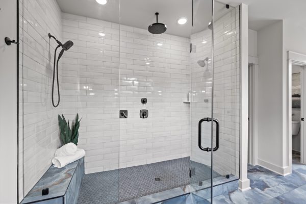 Shower in primary bathroom of new home built by Richmond Hill Design-Build
